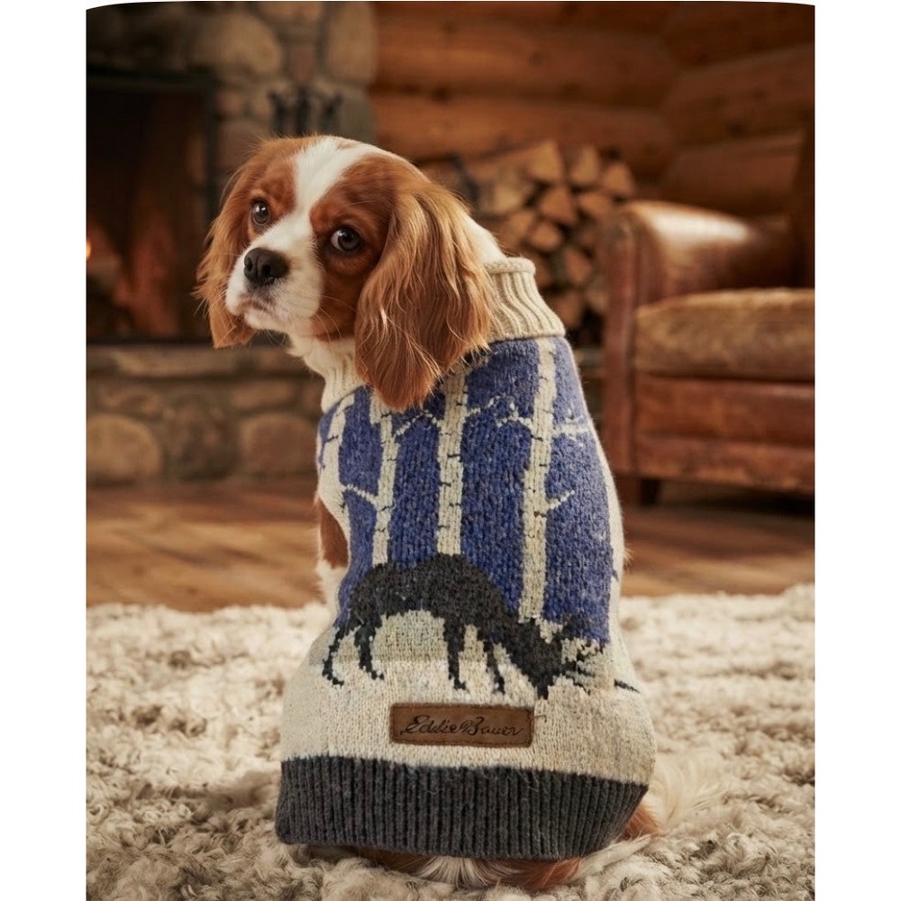 Eddie Bauer Small Dog Sweater Blue Birch Trees Deer Intarsia Knit Acrylic